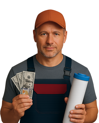 Technician holding water filter and cash – Safe Appliances CTA image