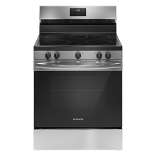 Frigidaire FCRE3052BS 30-inch electric range with five-element smooth cooktop, Quick Boil element, and 5.3 cu. ft. oven.