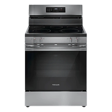 Frigidaire GCRE3060BF 30-inch electric range with Air Fry, Total Convection, and five-element cooktop in Smudge-Proof stainless steel.