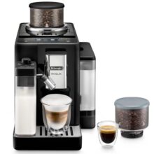 EXAM44055B Espresso Machine Rivelia DeLonghi Rivelia automatic espresso machine Onyx Black with coffee and cups