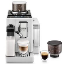 DeLonghi EXAM44055W Espresso Machine Rivelia automatic espresso machine Arctic White with milk frother and coffee cup
