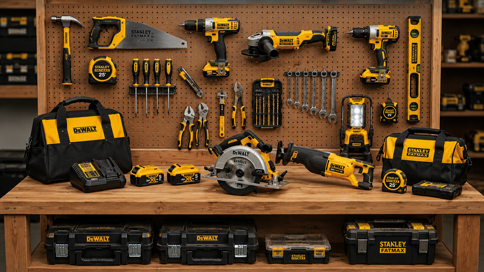 Professional DEWALT and STANLEY tools displayed on a workshop bench for appliance service, installation, repair, and maintenance