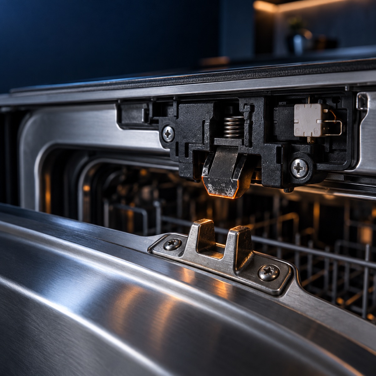 dishwasher door latch mechanism close-up