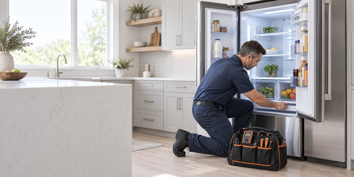 Technician repairing a refrigerator